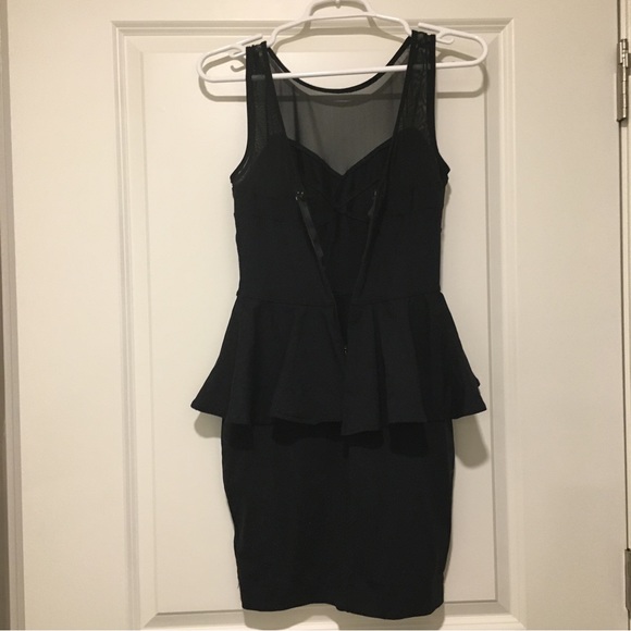 Bebe Bodycon Peplum Hip Flare Mini Sleeveless Sheer Little Black Dress, Small - Picture 2 of 9